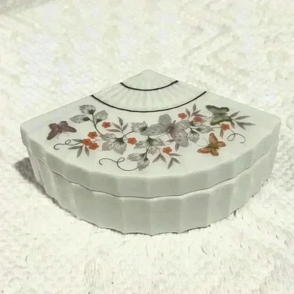 Vintage Avon Butterfly Fantasy Fan Shaped Hand Crafted Porcelain Trinklet Box